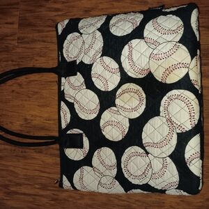 Quilted Baseball Print Tote Bag - Black and White